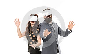 Modern software for business. Just imagine. Business implement modern technology. Couple colleagues wear hmd explore