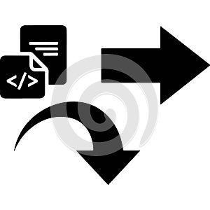 Modern software development process with coding and deployment workflow using arrows and icons