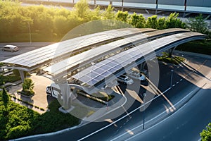 A modern solar carport for public vehicle parking is outfitted with solar panels producing renewable energy. Generative AI