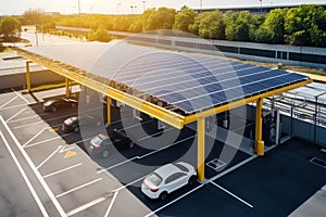 A modern solar carport for public vehicle parking is outfitted with solar panels producing renewable energy. Generative AI