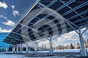 A modern solar carport for public vehicle parking is outfitted with solar panels photo