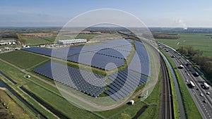 Modern Solar panel farm with photovoltaic panels for clean solar energy