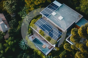 Modern Solar Panels on a roof of house with sunlight.