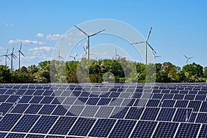 Modern solar power plant with wind turbines