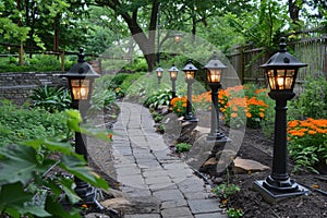 Modern solar-powered lights cast a warm glow along a stone garden path, enhancing the ambiance near a house as the