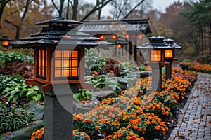 Modern solar-powered lights cast a warm glow along a stone garden path, enhancing the ambiance near a house as the