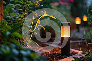 Modern solar-powered lights cast a warm glow along a stone garden path, enhancing the ambiance near a house as the