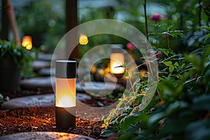 Modern solar-powered lights cast a warm glow along a stone garden path, enhancing the ambiance near a house as the