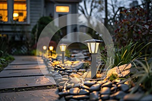 Modern solar-powered pathway lighting illuminating a garden path at twilight.