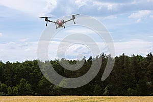 A modern solution in agricultural. Use of robotic systems with agriculture spraying drone fly to sprayed spraying chemical from