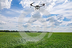 A modern solution in agricultural. Use of robotic systems with agriculture spraying drone fly to sprayed spraying chemical from