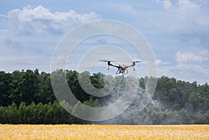 A modern solution in agricultural. Use of robotic systems with agriculture spraying drone fly to sprayed spraying chemical from