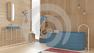 Modern soothing bathroom with wooden walls and floor in blue tones, spa, hotel, freestanding bathtub, ceramic washbasin, towel