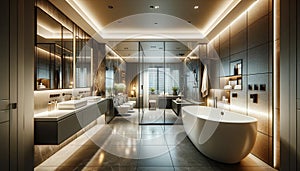 A modern and sophisticated bathroom in a high-end residence. The bathroom showcases a luxurious freestanding bathtub