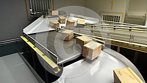 Modern sorting system conveyor concept cardboard boxes on conveyor 3d render