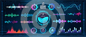 Modern Sound Waves - Equalizer. Futuristic waveforms, circle UI and UX bars, voice graph signal and music wave in