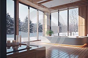 Modern spa bathroom interior with window in hotel
