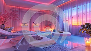 Modern spa interior with vibrant neon lights