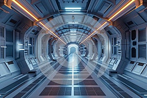 Modern spaceship tunnel corridor gate, abstract background, 3D illustration