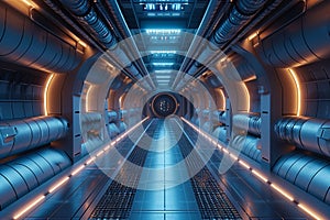 Modern spaceship tunnel corridor gate, abstract background, 3D illustration