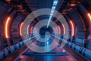 Modern spaceship tunnel corridor gate, abstract background, 3D illustration