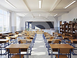 Bright contemporary classroom with rows of wooden desks photo