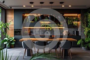 Modern, spacious kitchen, large table with wooden top and indoor plants.