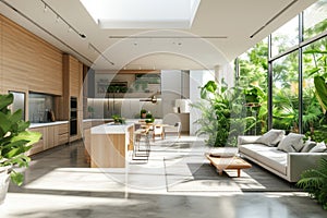 Modern spacious kitchen and living area with natural light.