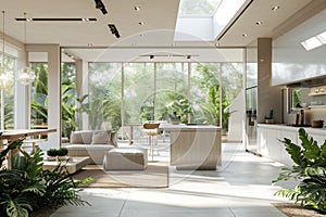 Modern spacious kitchen and living area with natural light.