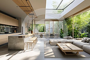 Modern spacious kitchen and living area with natural light.