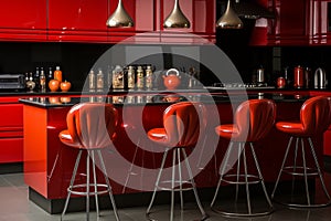 A modern, spacious kitchen with a red and black colors scheme and sleek, contemporary elements.
