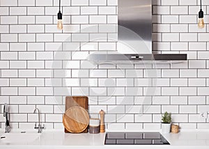 Modern spacious kitchen with white brick tile wall.