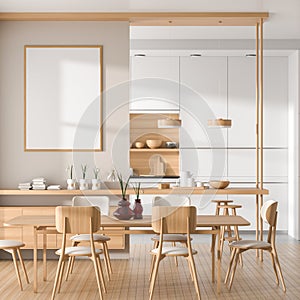 Modern, spacious kitchen with wooden island and wooden dining table. 3D illustration