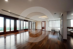 Modern spacious living room with hardwood floors, large windows, and minimalist furniture