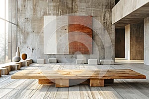 Modern Spacious Living Room with Large Wooden Coffee Table and Concrete Walls