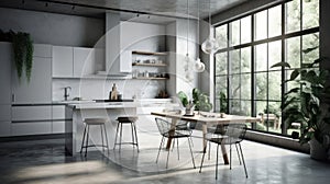 Modern spacious loft kitchen with breakfast bar and dining area. Minimalistic interior, concrete walls and floor, white