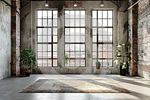 Modern spacious loft with large industrial windows and plants