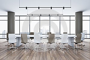 Modern spacious meeting room interior with chairs, wooden parquet flooring and panoramic window with city view. 3D Renderin