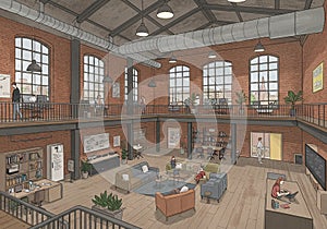 A modern, spacious office with a high ceiling and exposed ductwork. The interior