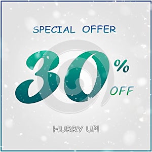 Modern Special Offer Discount Banner With 30% Off Hurry Up Design On Seasonal White Winter Background