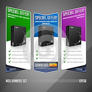 Modern Special Offer Web Banner Set Vector Colored: Blue, Violet, Green. Website Showing Product Box