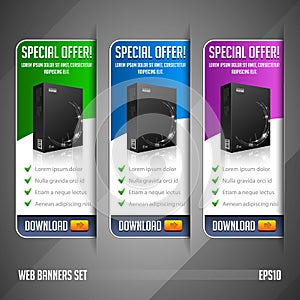 Modern Special Offer Web Banner Set Vector Colored: Green, Blue, Violet, Purple. Website Showing Product Box.