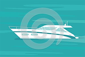 Modern speed yacht in ocean, sea. Summer vacation seaside concept. Vector stock illustration for advertisement beach