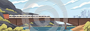 Modern speedy train on railway at old brick bridge over sea vector graphic illustration. Fast electric transport moving