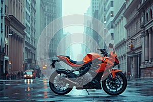 Modern Sport Bike In Urban City Street With Beautiful Bokeh Background Captured On A Rainy Evening