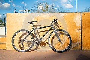 Modern sport mountain bike leaning wall. Active lifestyle.