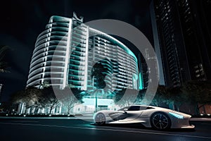 Modern sportcar parking near luxury hotel at night. Generative AI