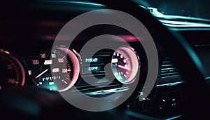 Modern sports car dashboard illuminated with blue lighting equipment generated by AI