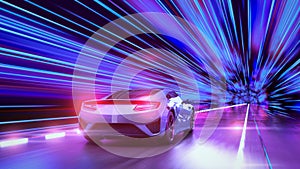 A modern sports car drives quickly through an abstract light tunnel .