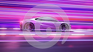 A modern sports car drives quickly through an abstract light tunnel . 3d render